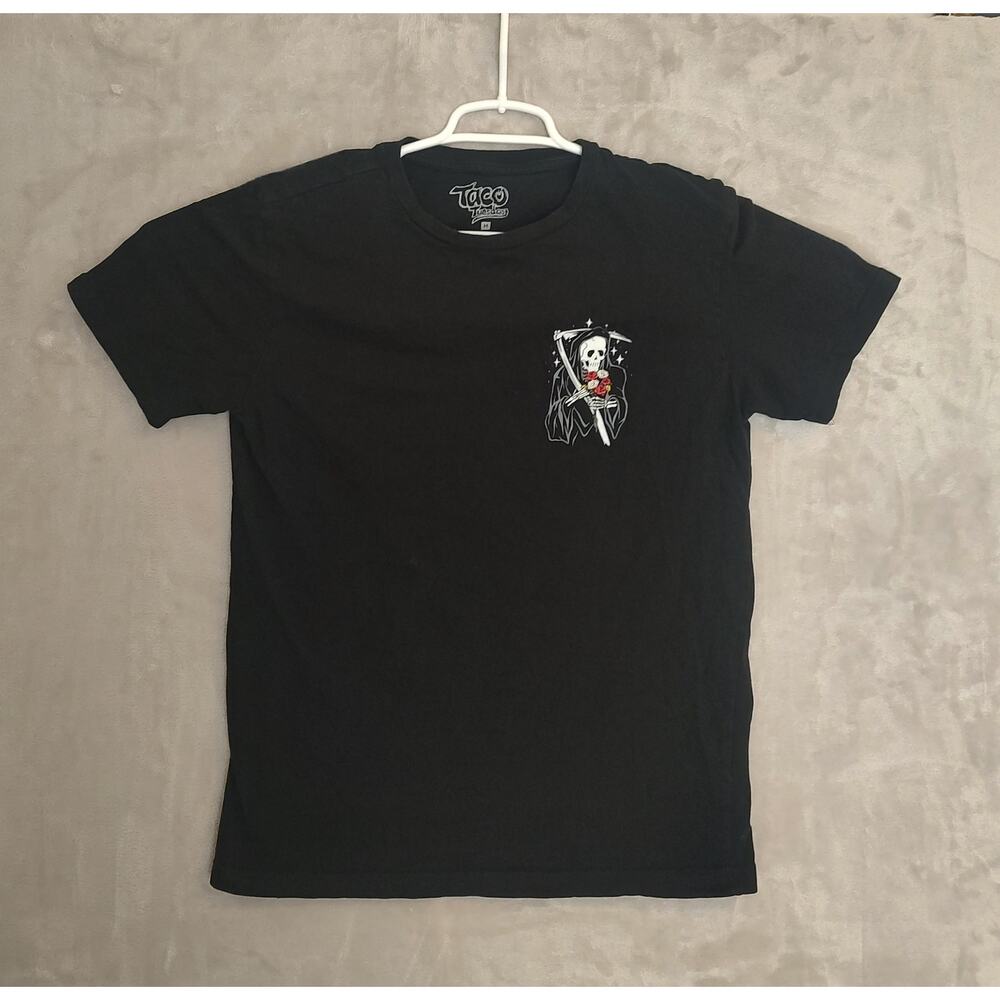 Taco Tuesday brand T-shirt Grim Reaper and Rose Graphic Front and Back Size Med